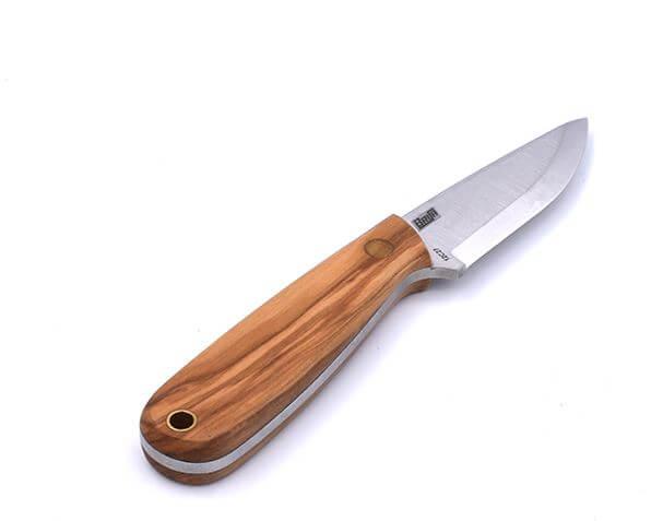 Cuchillo de cuello Brisa Necker 70 Scandi con puño de madera de olivo y funda multicarry
