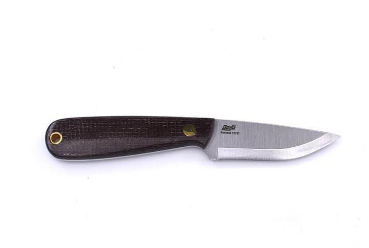 Brisa Necker 70 Scandi Neck Knife mit Bison-Micarta-Griff und Lederscheide