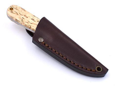 Cuchillo de cuello Brisa Necker 70 Scandi con mango de madera de abedul rizado y funda de piel