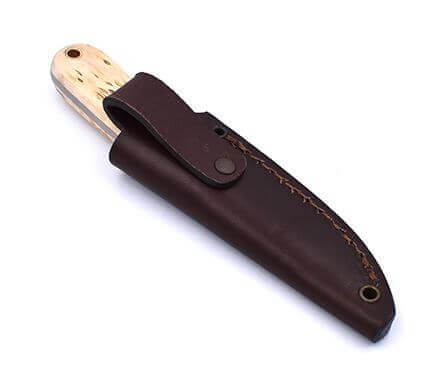Cuchillo de cuello Brisa Necker 70 Scandi con mango de madera de abedul rizado y funda de piel