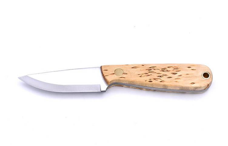 Cuchillo de cuello Brisa Necker 70 Scandi con mango de madera de abedul rizado y funda multicarry
