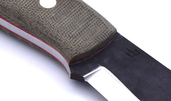 Jagdmesser Brisa Nessmuk 125 grüner Micarta und Lederscheide mit Feuerstein