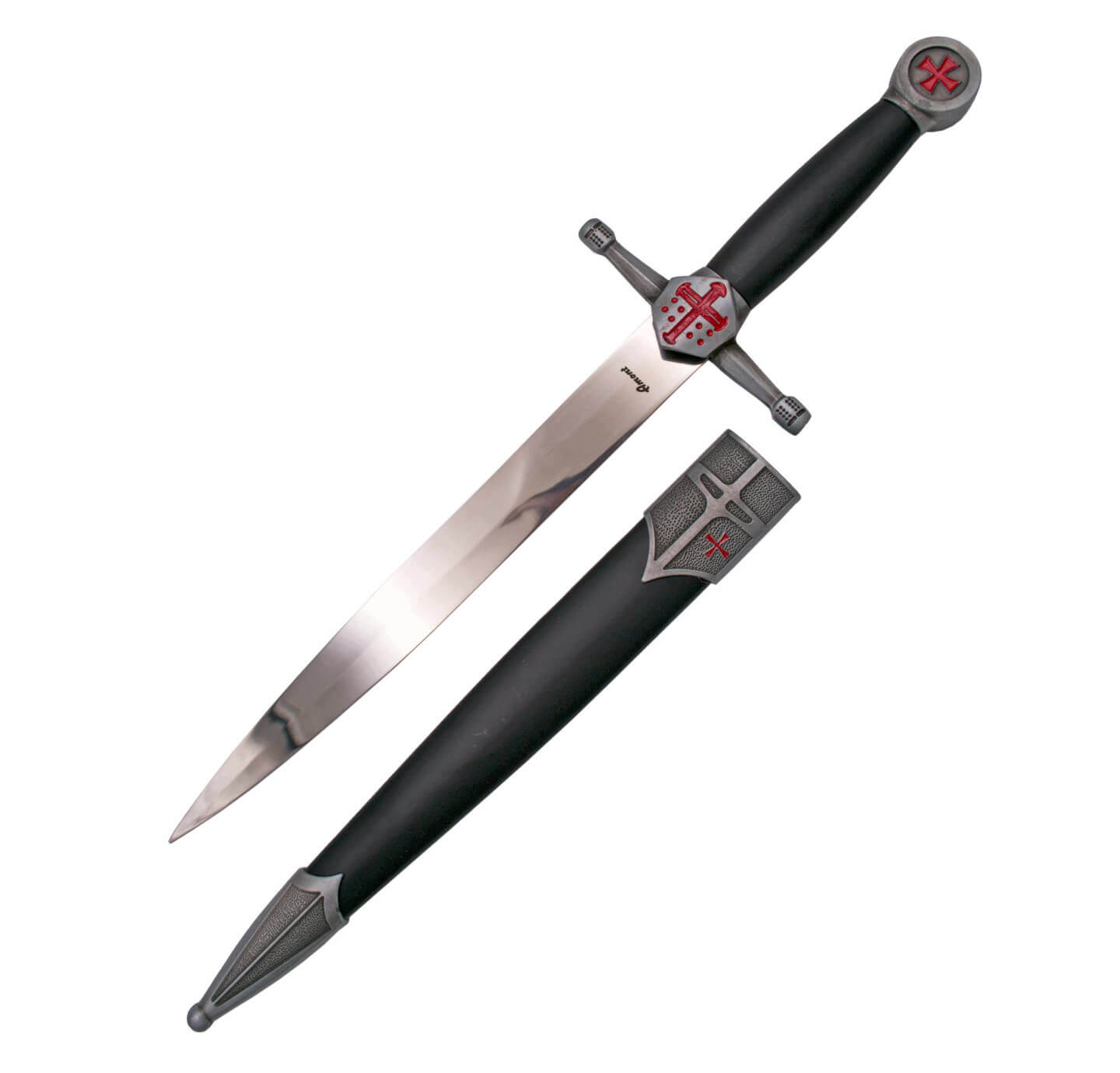 Daga antigua con mango negro decorado con cruces rojas