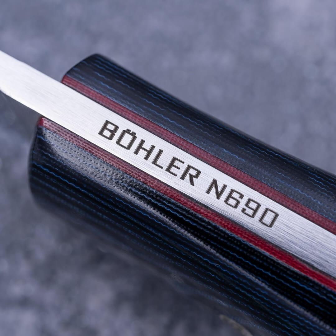 Muela Husky 10MB with steel blade with blue and black micarta handle