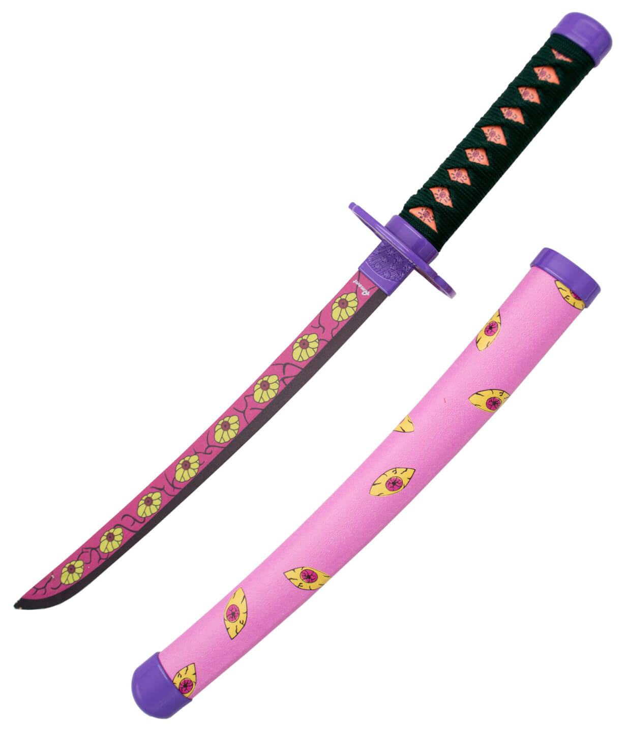 Mini katana Kokushibou de Tsugikumi Michikatsu rosa con decoración amarilla