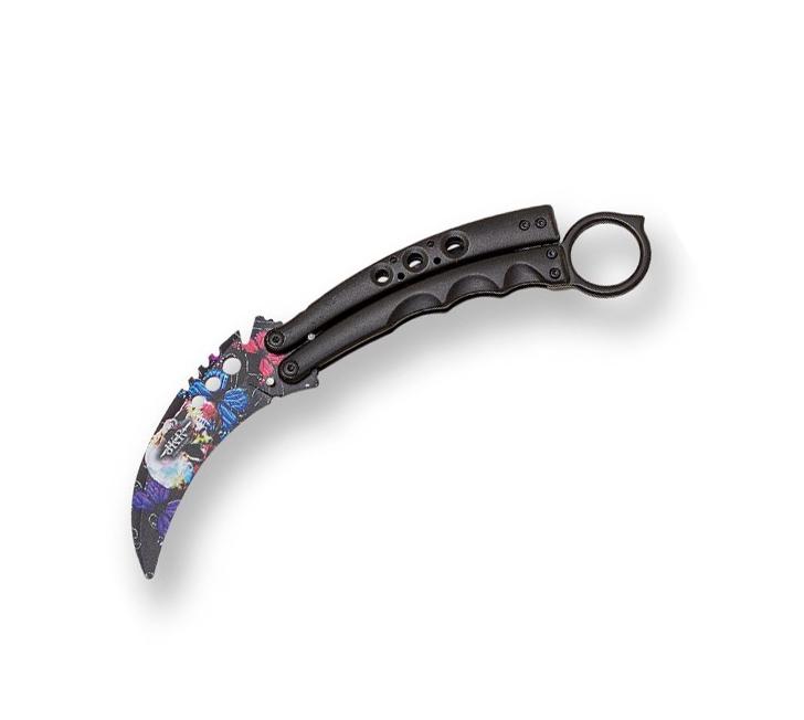 Navaja mariposa karambit de entrenamiento con calavera en la hoja