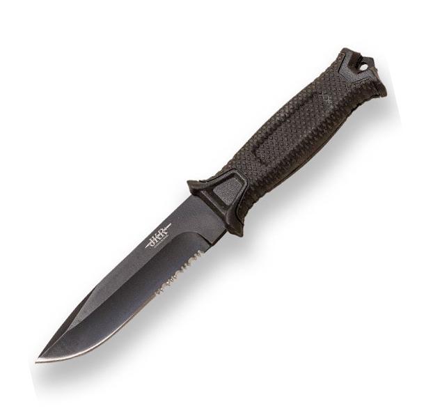 Cuchillo militar JKR de goma negra con hoja mitad dentada