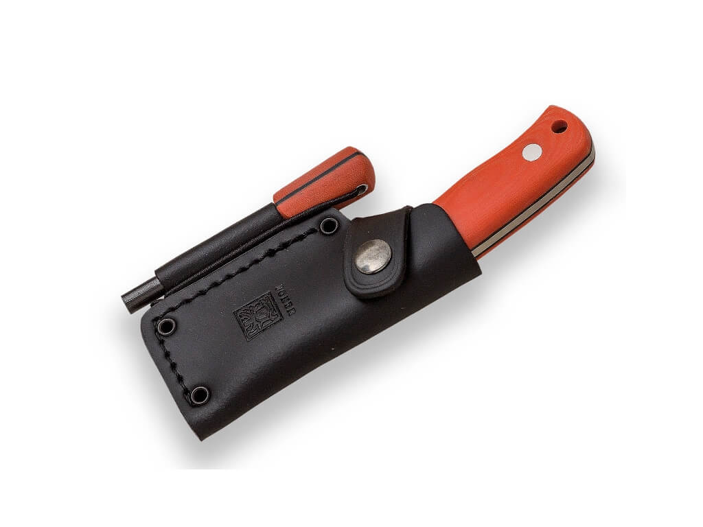 Joker Erizo TS1 Bushcraftmesser mit orangefarbenem Micarta-Griff und Feuerstein
