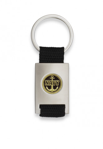 Llavero con forma de rectángulo bañado en cromo con cinta negra