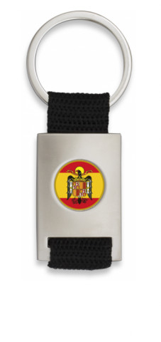 Llavero con forma de rectángulo bañado en cromo con cinta negra