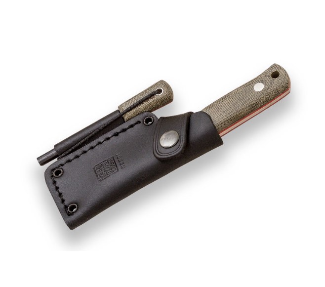 Cuchillo enterizo Erizo TS1 con mango de canvas micarta y funda de piel con firesteel