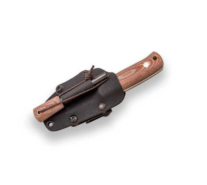 Cuchillo enterizo Erizo TS1 con mango de micarta marrón y funda de kydex con pedernal