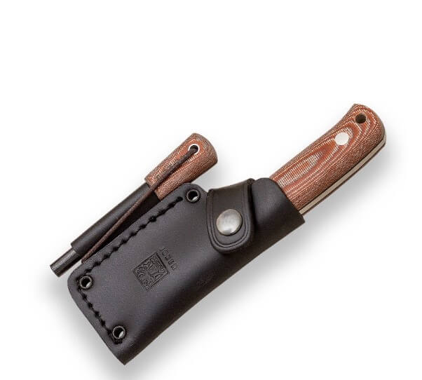 Cuchillo enterizo Erizo TS1 con mango de micarta marrón y funda de cuero con pedernal