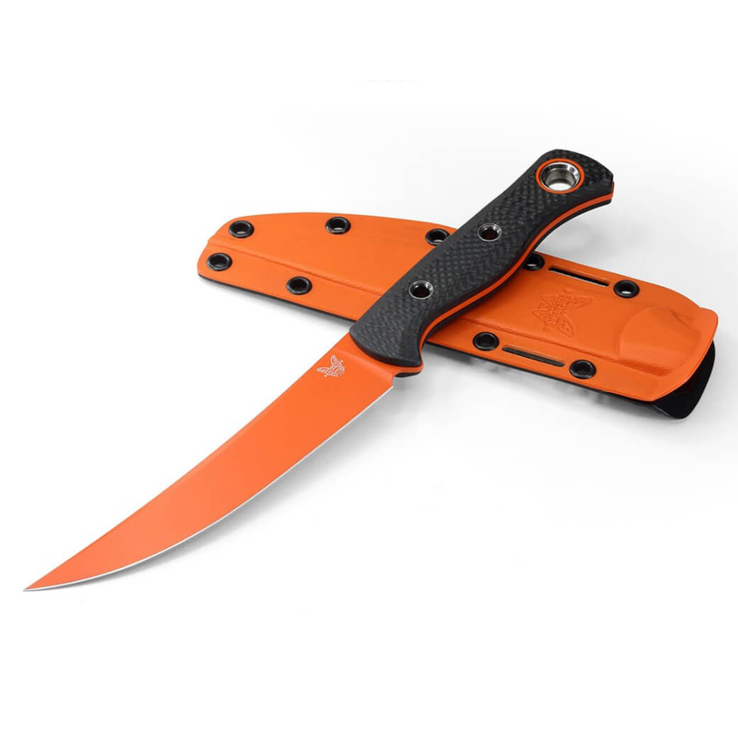 Benchmade cuchillo Meatcrafter con mango de fibra de carbono negro y hoja naranja