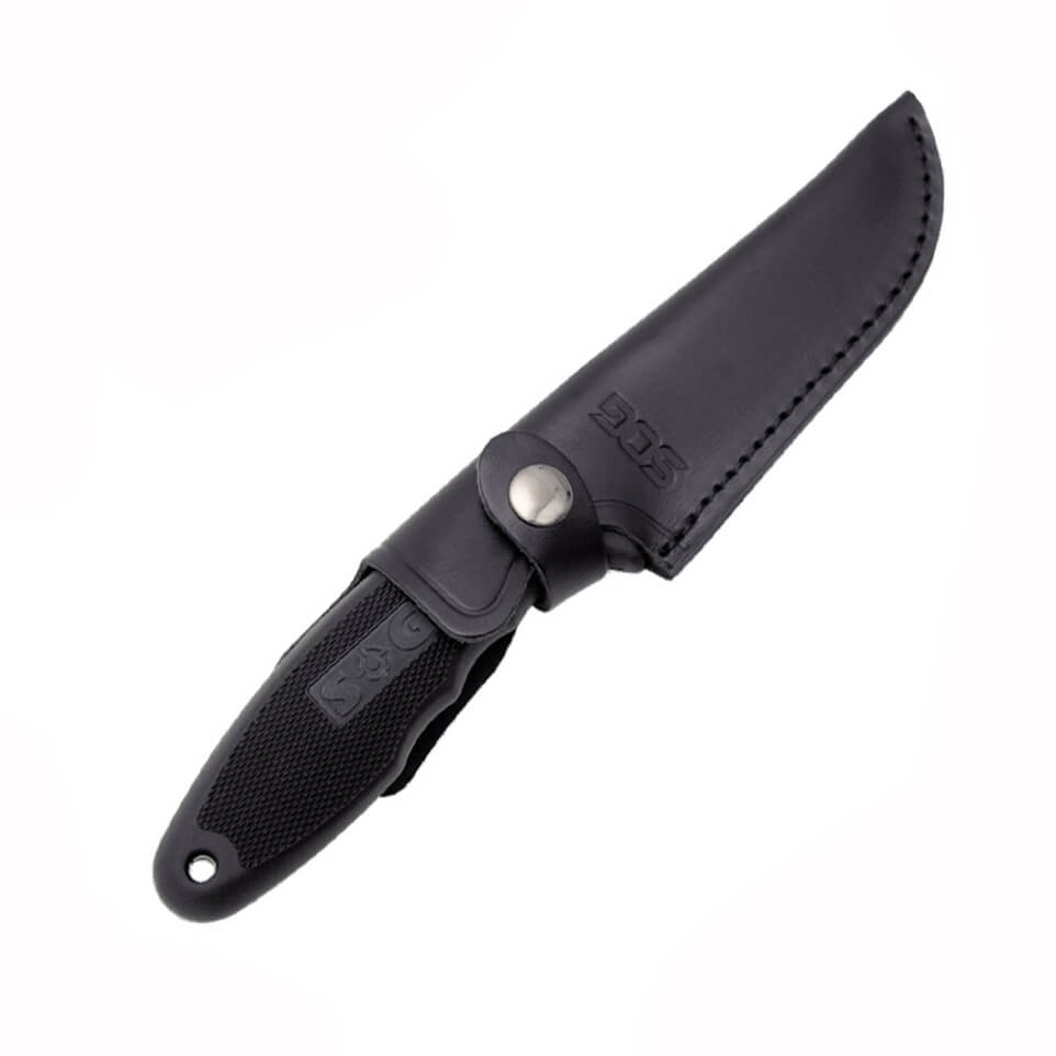 Couteau tactique SOG Field Pup I FP4-L avec gaine en cuir noir et lame en acier 7Cr17MoV