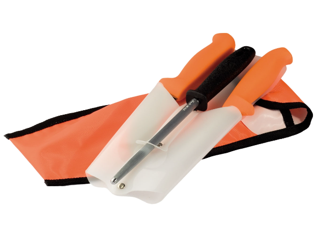 Set de caza Morakniv: Cuchillo desollador, carnicero y chaira con funda.