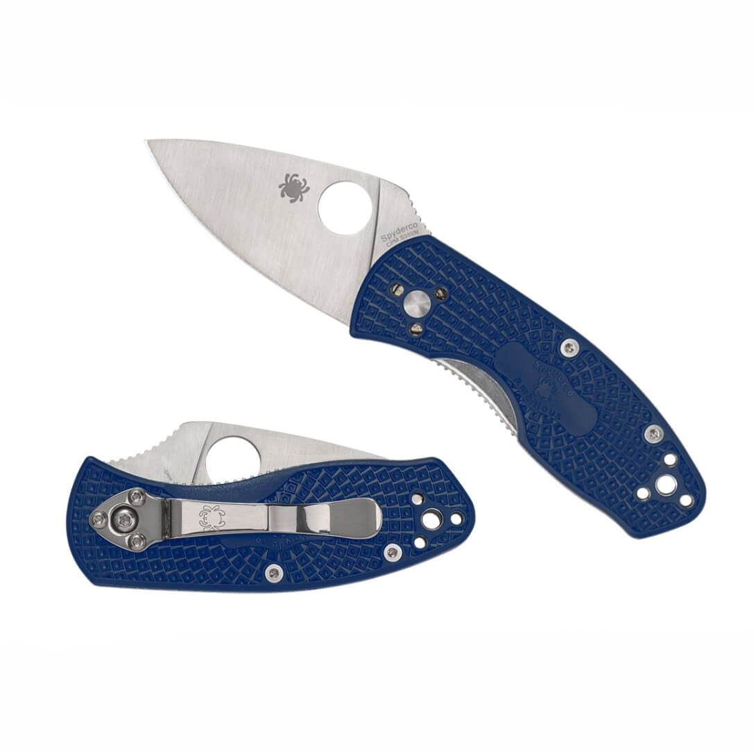 Navaja de bolsillo Spyderco Ambitious linerlock con mango de FRN azul y hoja plana de acero S35VN