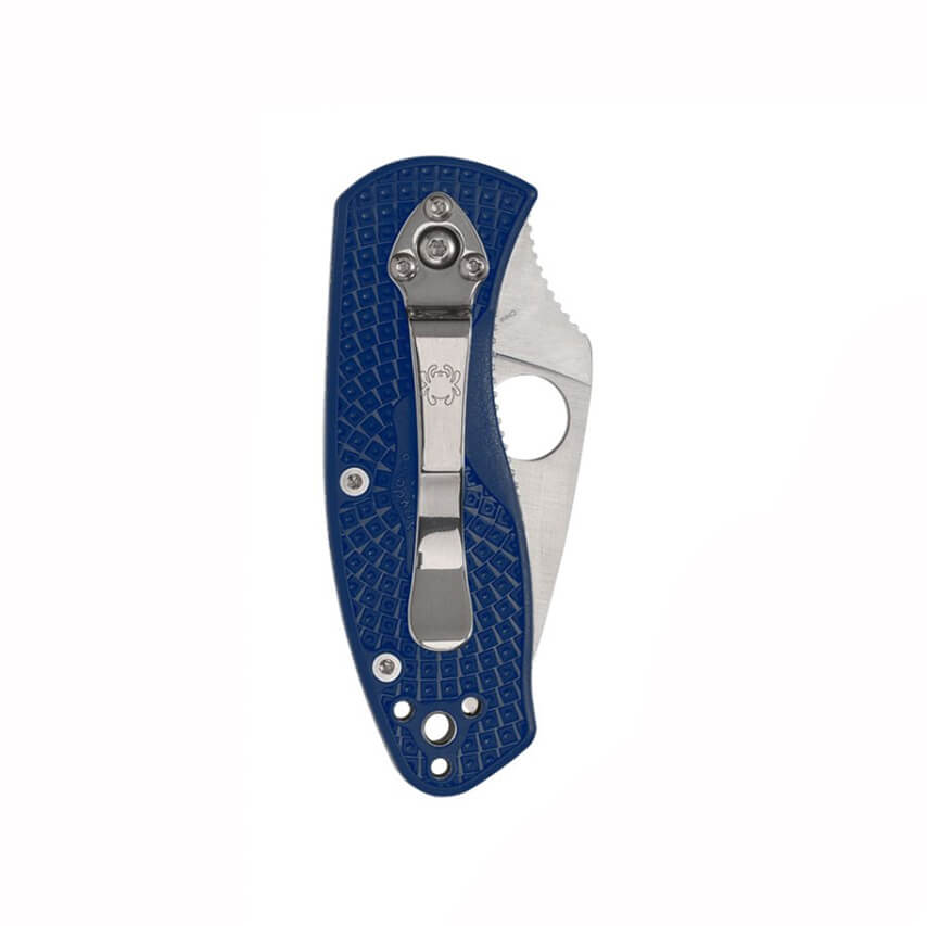 Navaja de bolsillo Spyderco Ambitious linerlock con mango de FRN azul y hoja dentada de acero S35VN