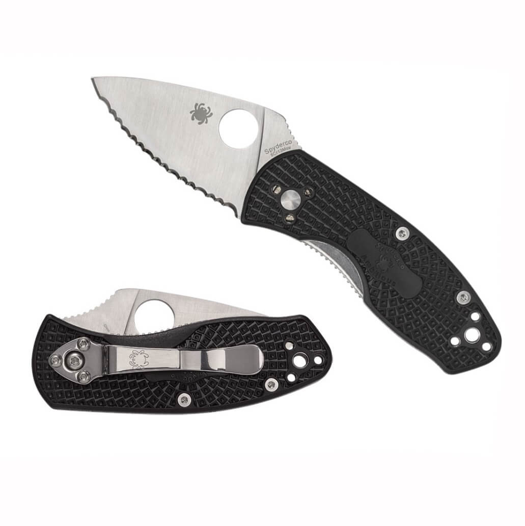 Navaja de bolsillo Spyderco Ambitious linerlock con mango de FRN negro y hoja dentada de acero S35VN