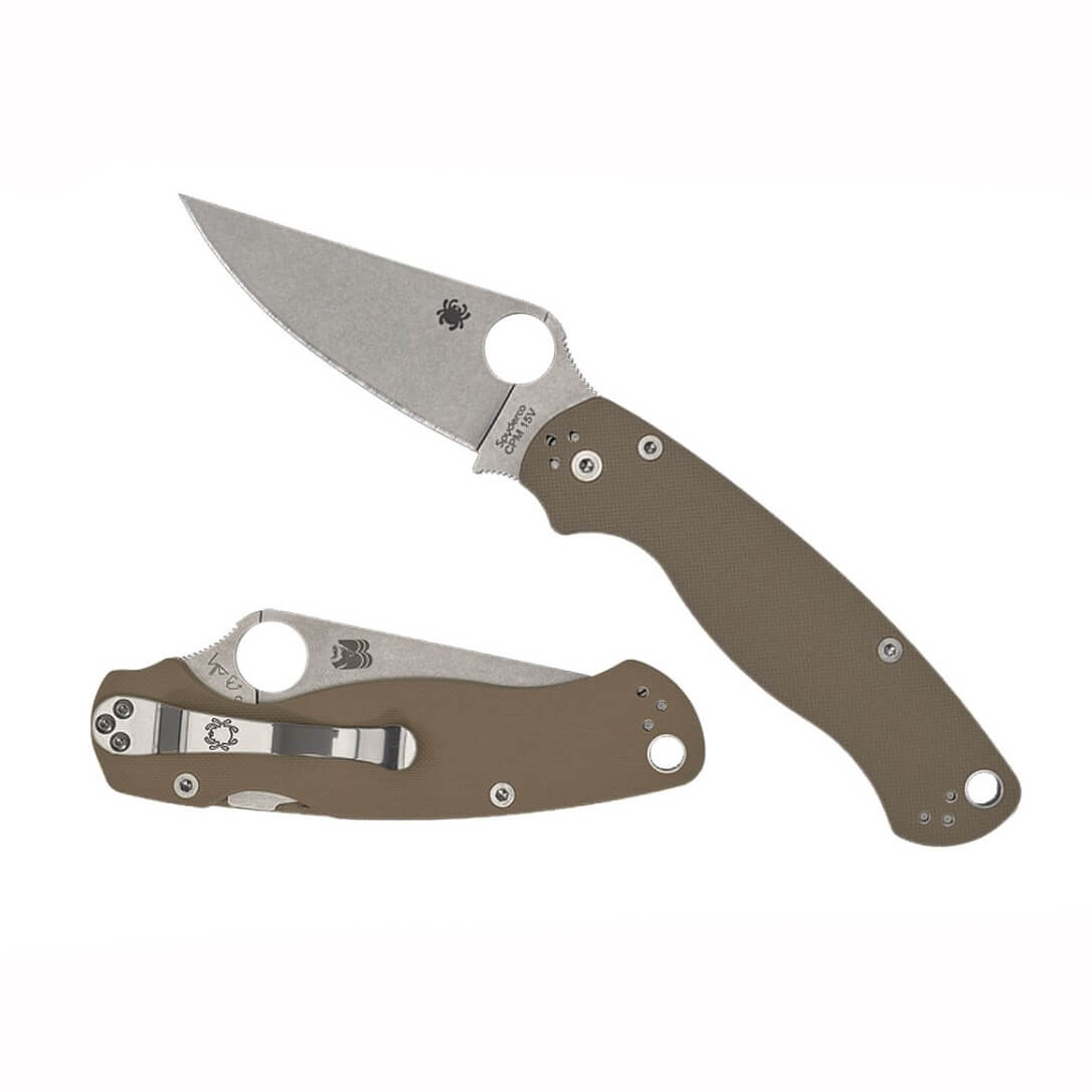 Navaja Spyderco Para Military 2 con mango de G-10 marrón y hoja PlainEgde de CPM-15V Stonewash C81GPBM15V2