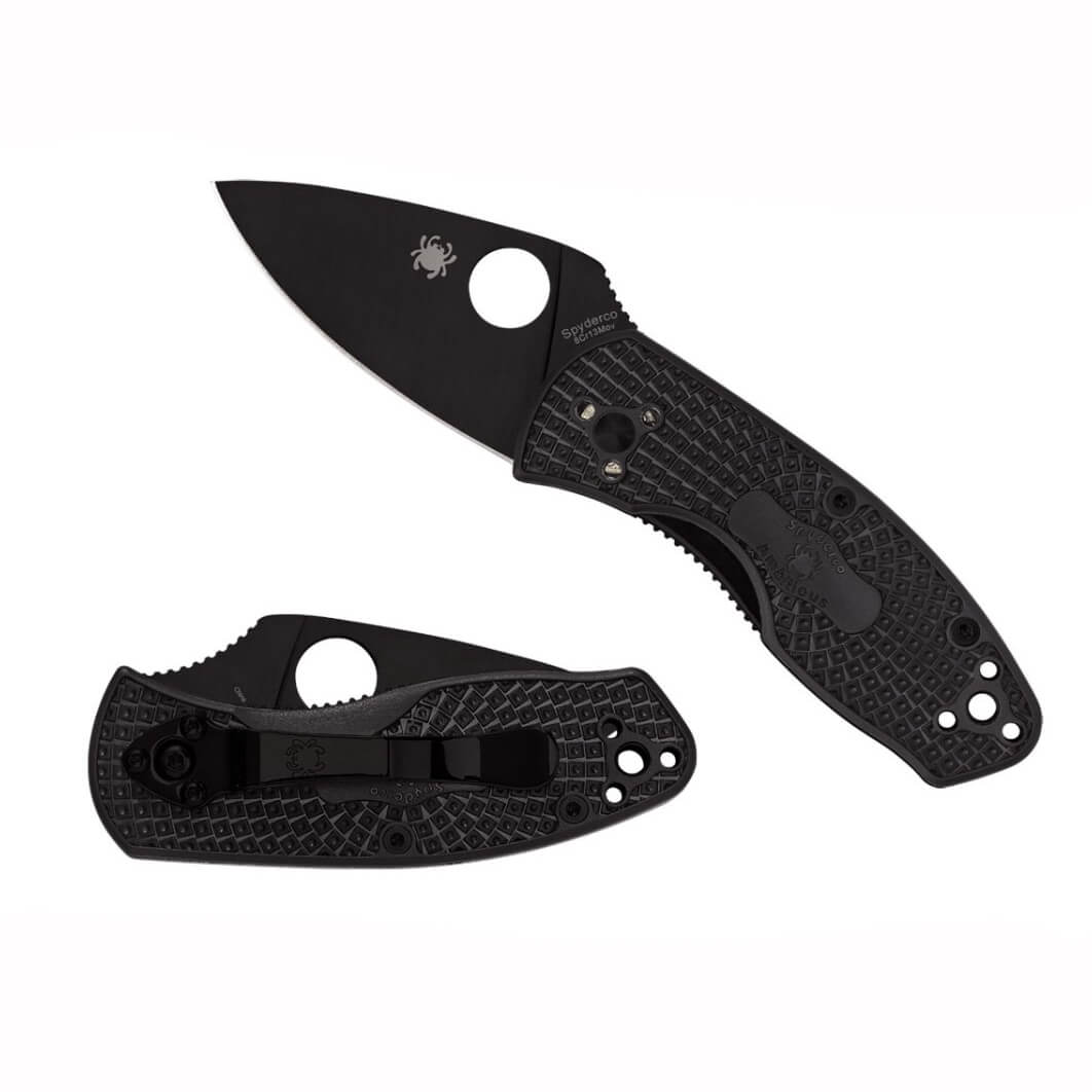 Navaja táctica Spyderco Ambitious con cachas de FRN negras y hoja negra de acero 8Cr13MoV C148PBBK
