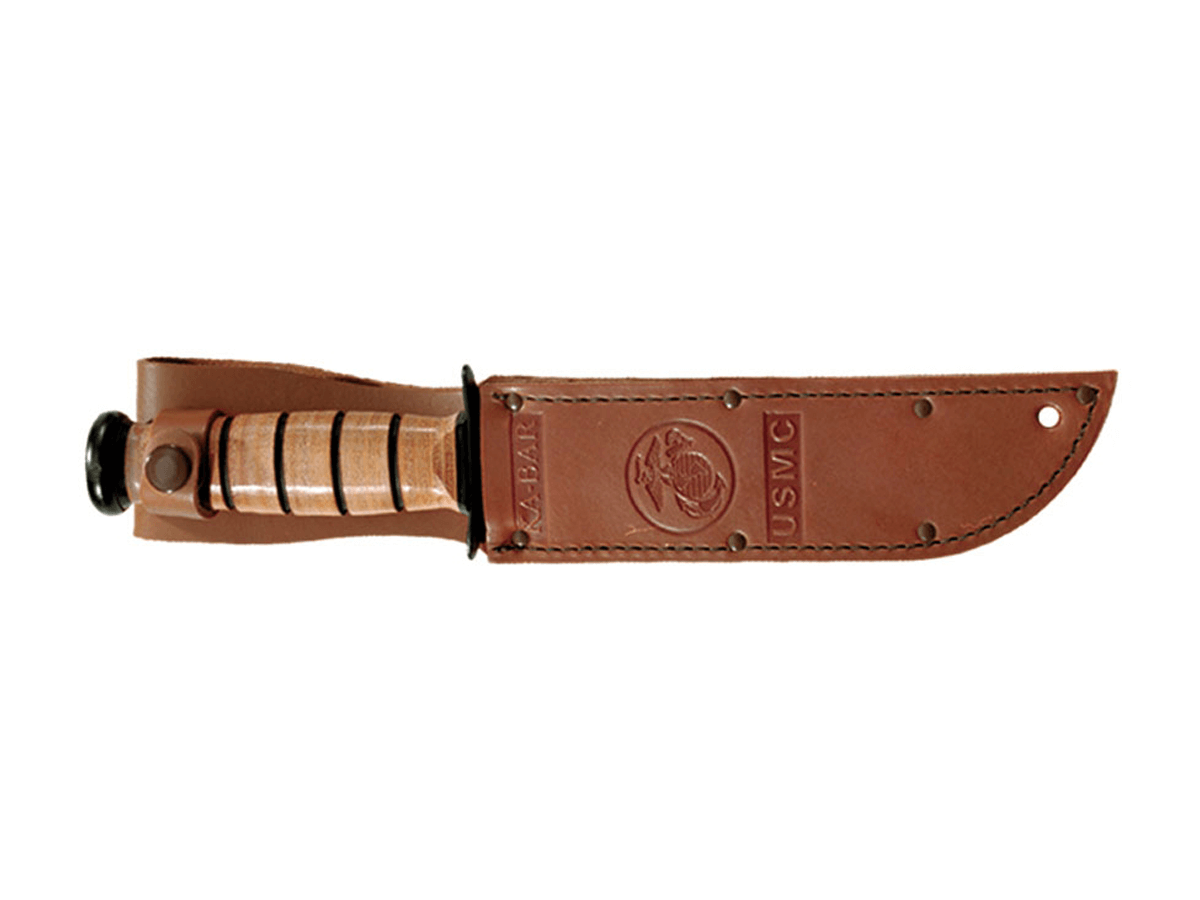 Coltello tattico Ka-Bar USMC 1218 - Lama parzialmente seghettata da 17,8 cm e fodero in cuoio.