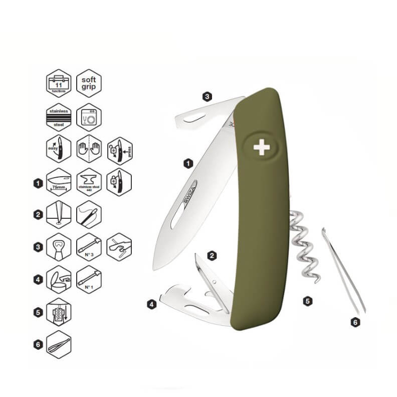 Navaja multiusos Swiza D03 verde oliva con 11 funciones