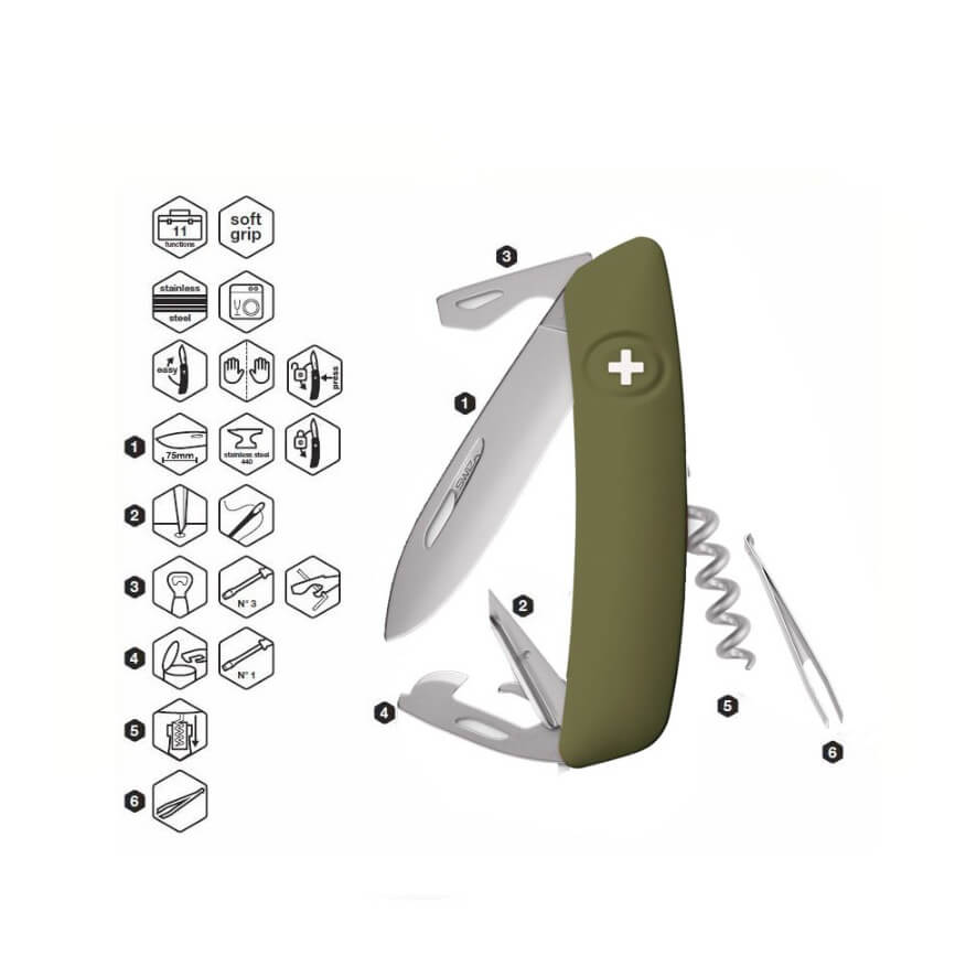 Navaja multiusos Swiza D03 verde oliva Allmatt con 11 funciones