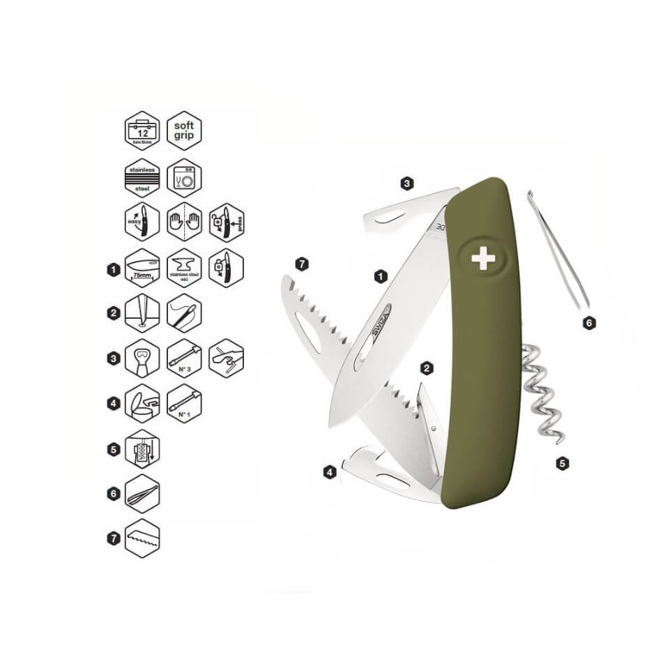 Navaja multiusos Swiza D05 verde oliva con 12 funciones KNI.0050.1050