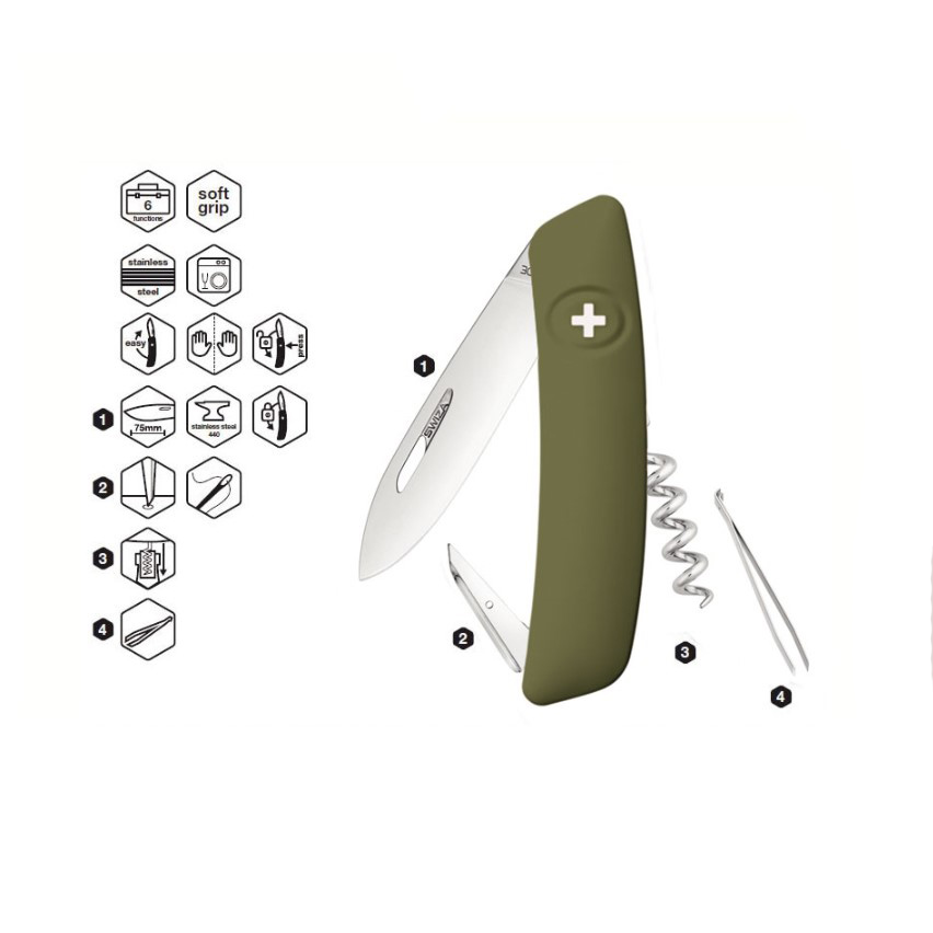 Navaja multiusos Swiza D01 Verde Oliva con 6 funciones KNI.0010.1050