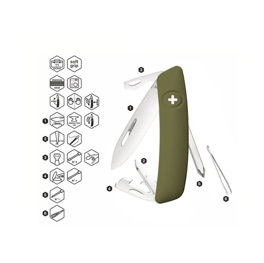 Faca multiuso Swiza D04 verde oliva com 11 funções KNI.0040.1050