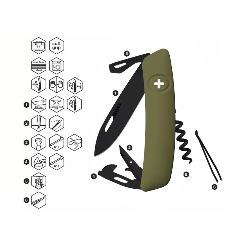 Navaja multiusos Swiza D03 AllBlack con mango verde oliva