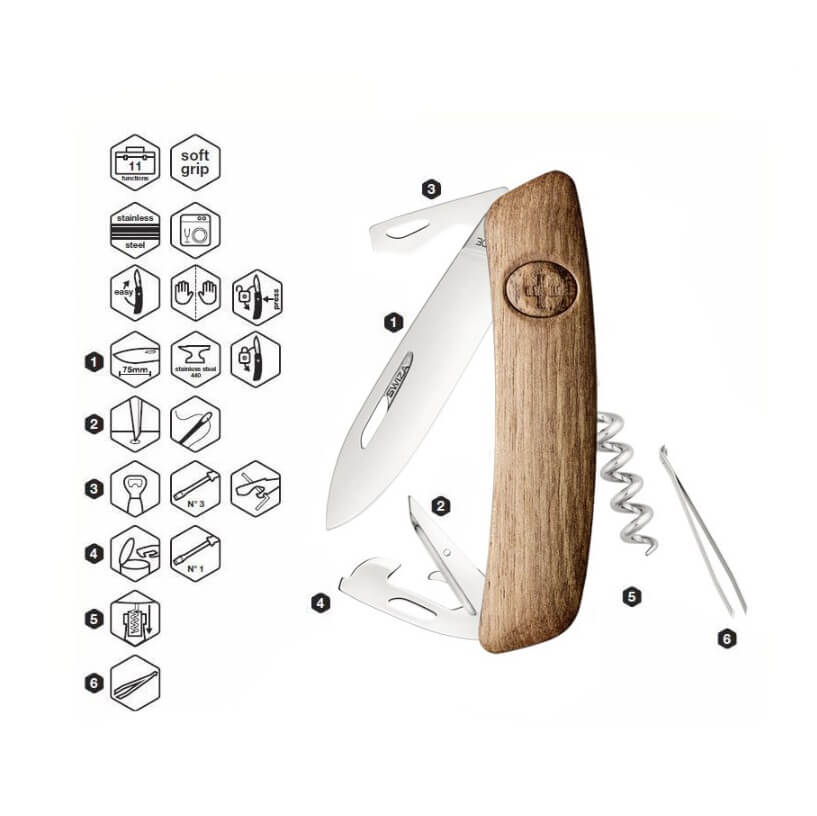 Navaja multiusos Swiza D03 con mango de madera de nogal