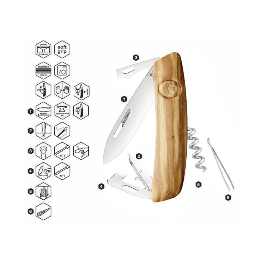 Faca multiuso Swiza D03 com cabo em madeira de oliveira