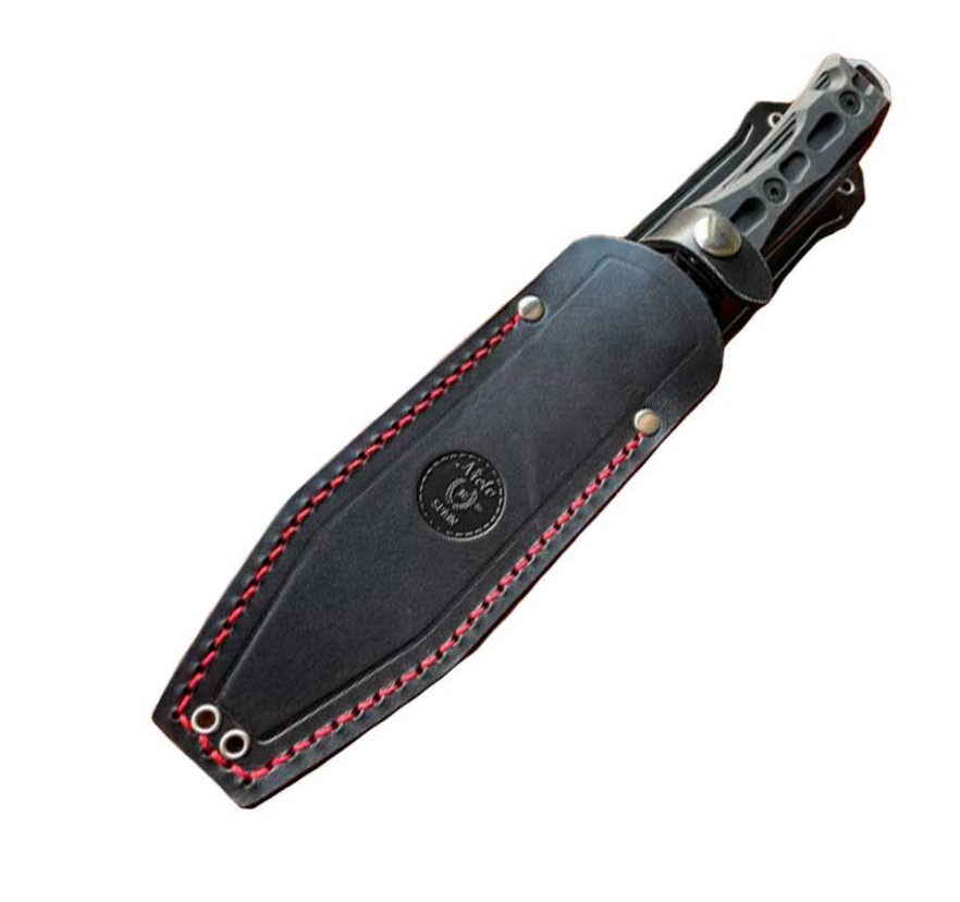 Cuchillo táctico Nieto Warfare con mango de forprene negro y funda de cuero