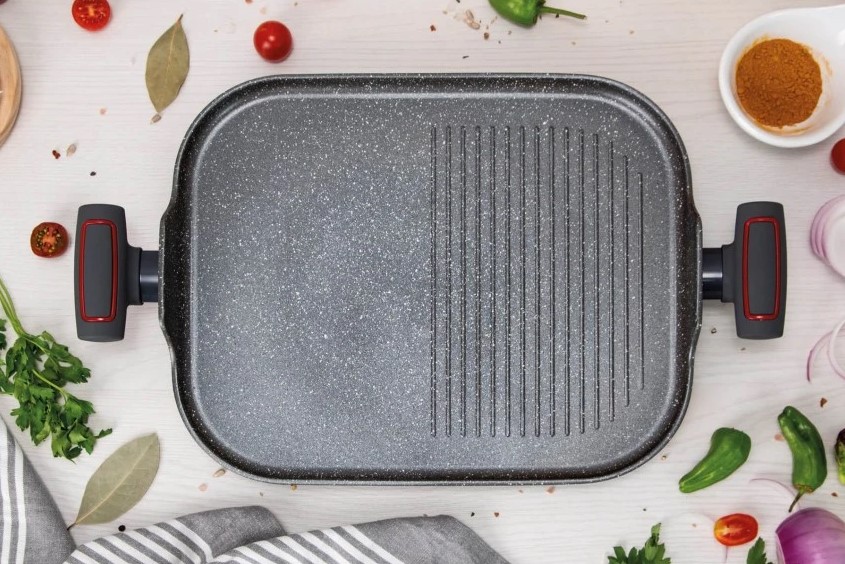 Grill Antiadherente 35,5x28,3x1,3 cm 3 Claveles Grey con asas de silicona