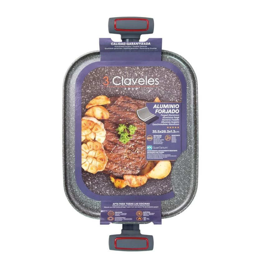 Grill Antiadherente 35,5x28,3x1,3 cm 3 Claveles Grey con asas de silicona