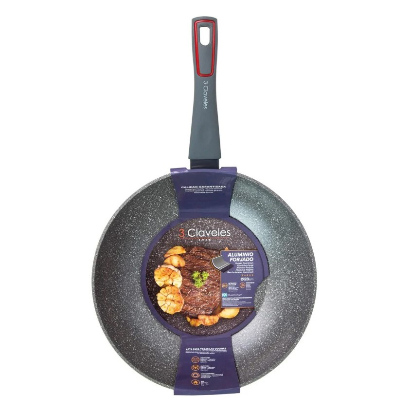 Wok Antiadherente 28 cm 3 Claveles Grey con mango soft touch