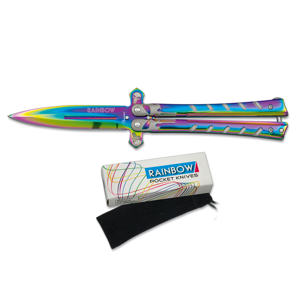 Couteau éventail tête de mort en acier inoxydable finition arc-en-ciel et lame de 10,5 cm