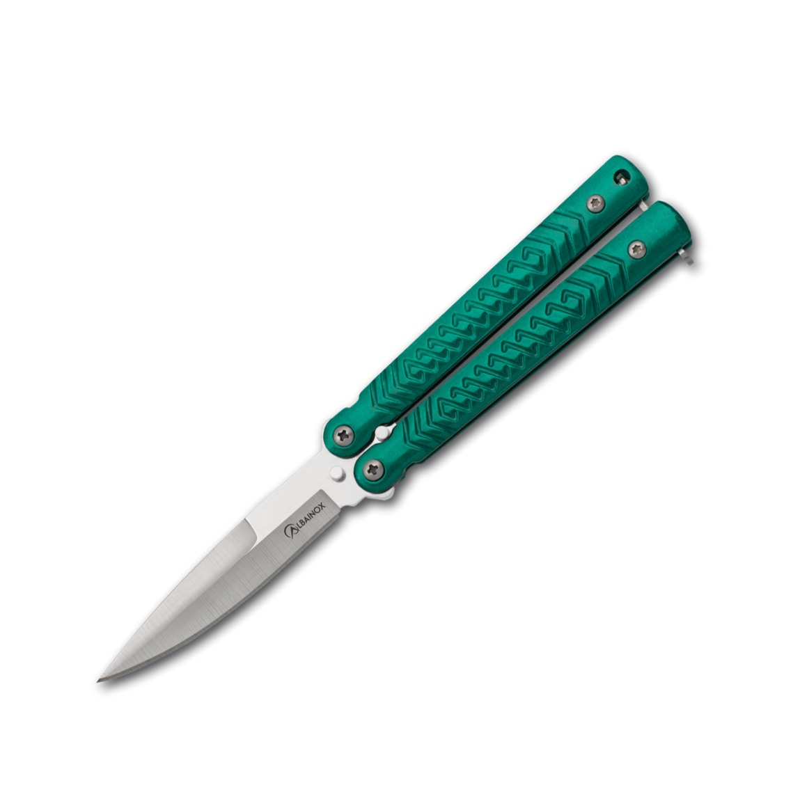 Navaja mariposa de acero inoxidable con mango verde y hoja de 7.1...