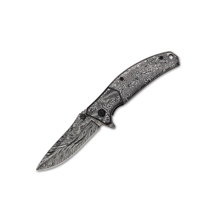 Navaja de bolsillo con mango de acero decorado y hoja con decorac...