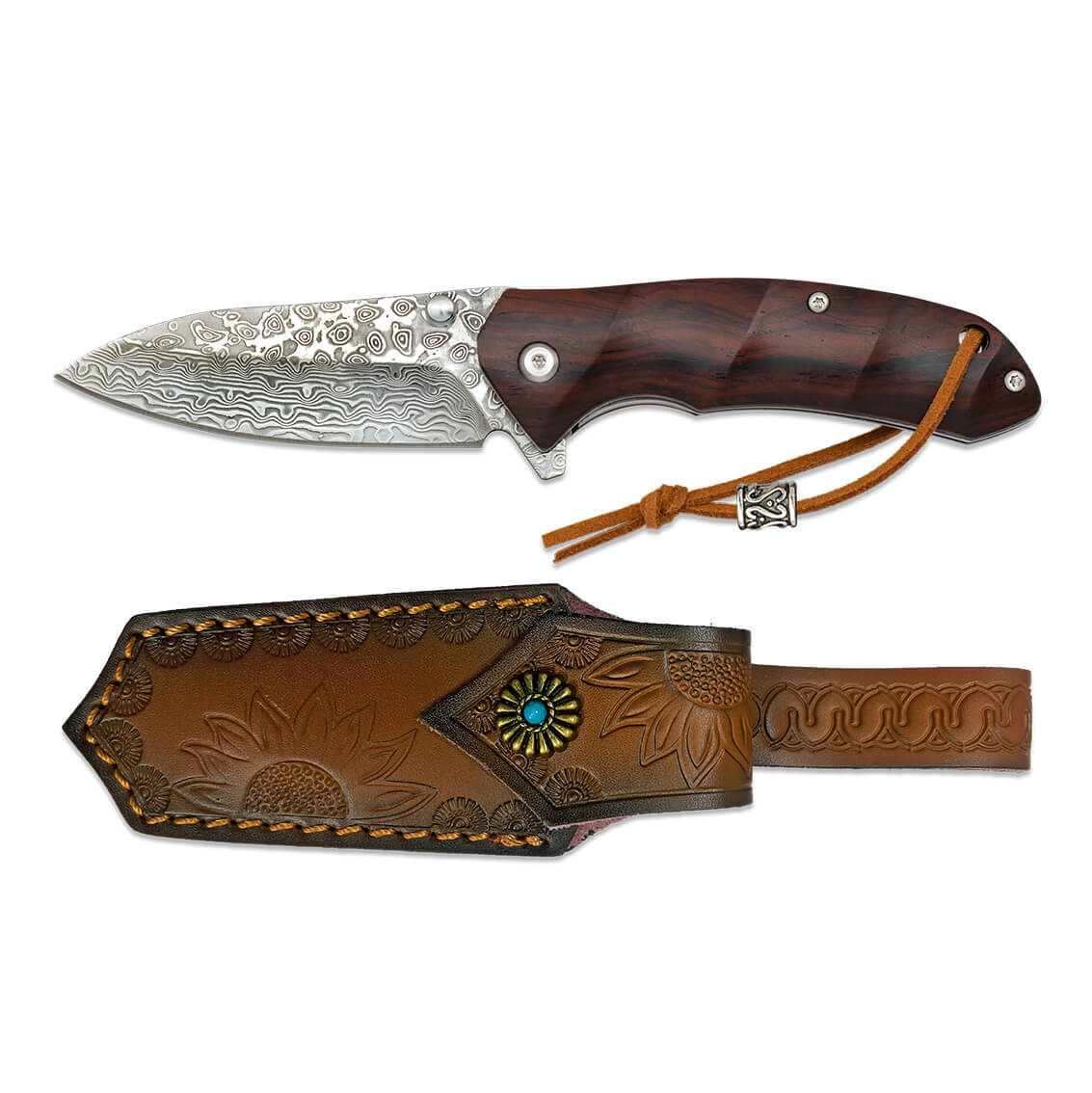 Canivete com cabo de madeira e lâmina de aço Damasco de 7,4 cm com rolamento de esferas