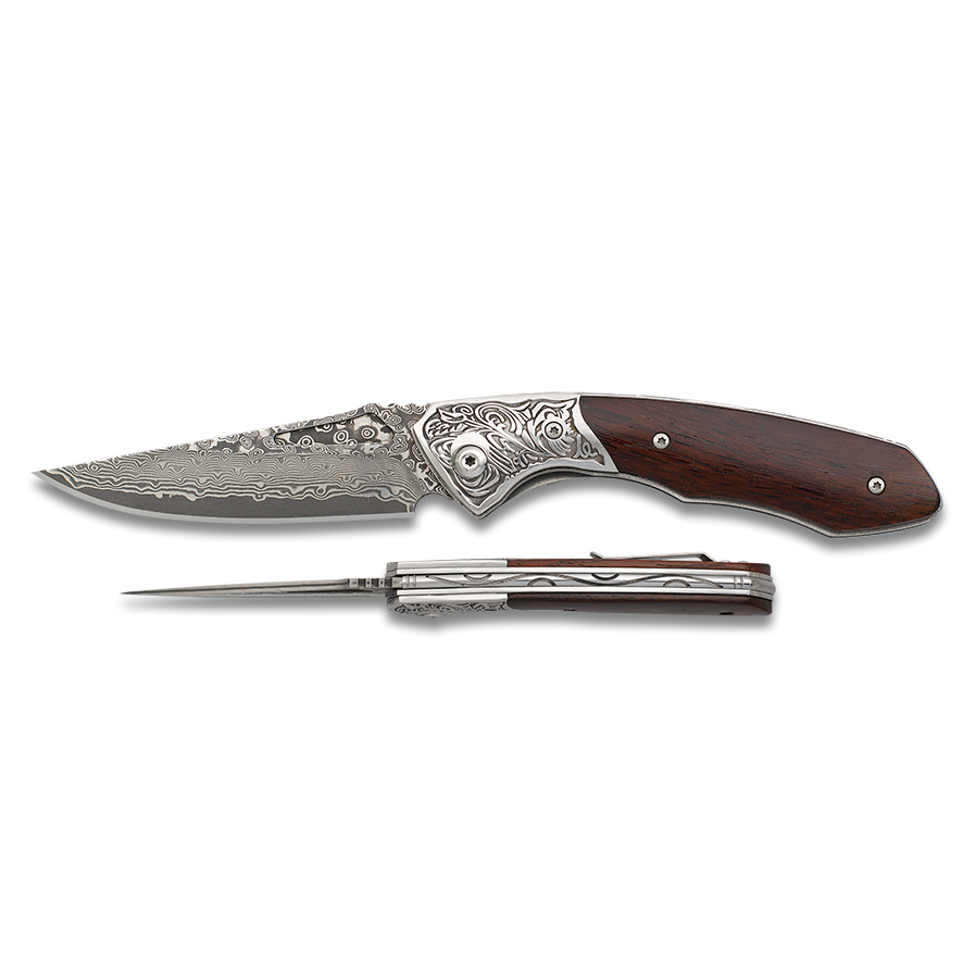Canivete com cabo em madeira com ponteira decorada e lâmina em aço damasco de 8,5 cm