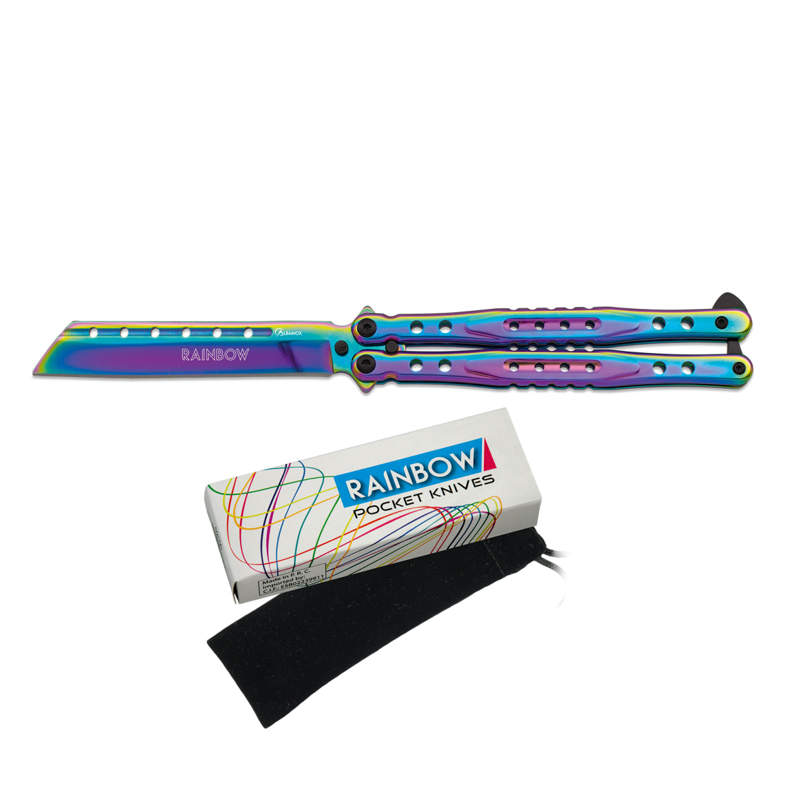 Couteau papillon avec revêtement titane arc-en-ciel et lame de 11 cm