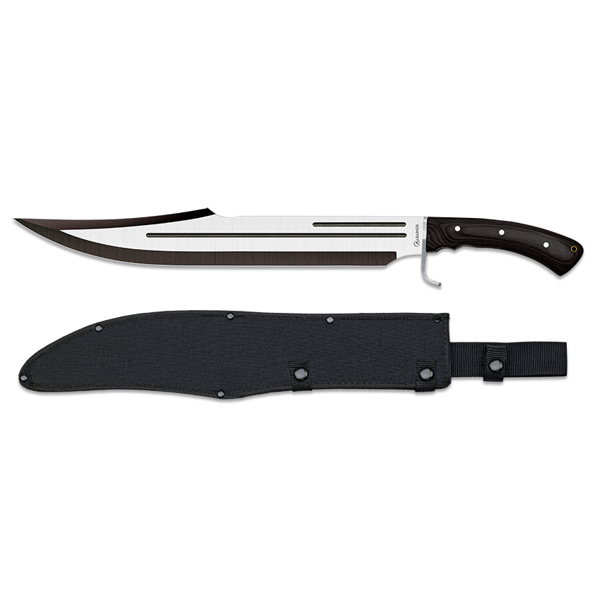 Cuchillo de caza grande con mango de estamina negra y hoja de 43 cm