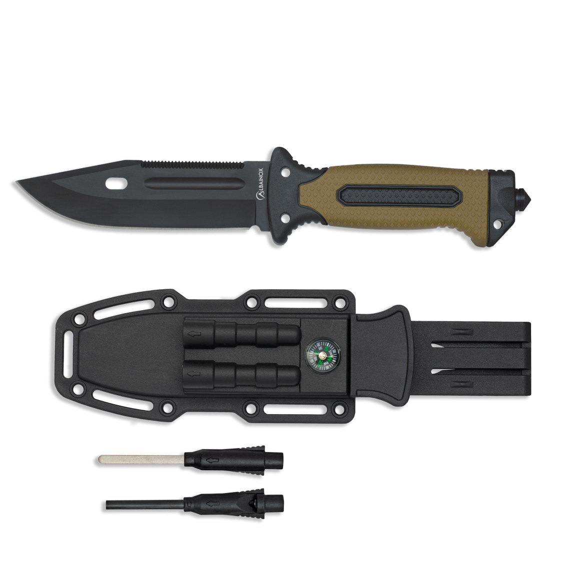 Faca tática com lâmina preta de 13,5 cm e bainha rígida com afiador e pederneira