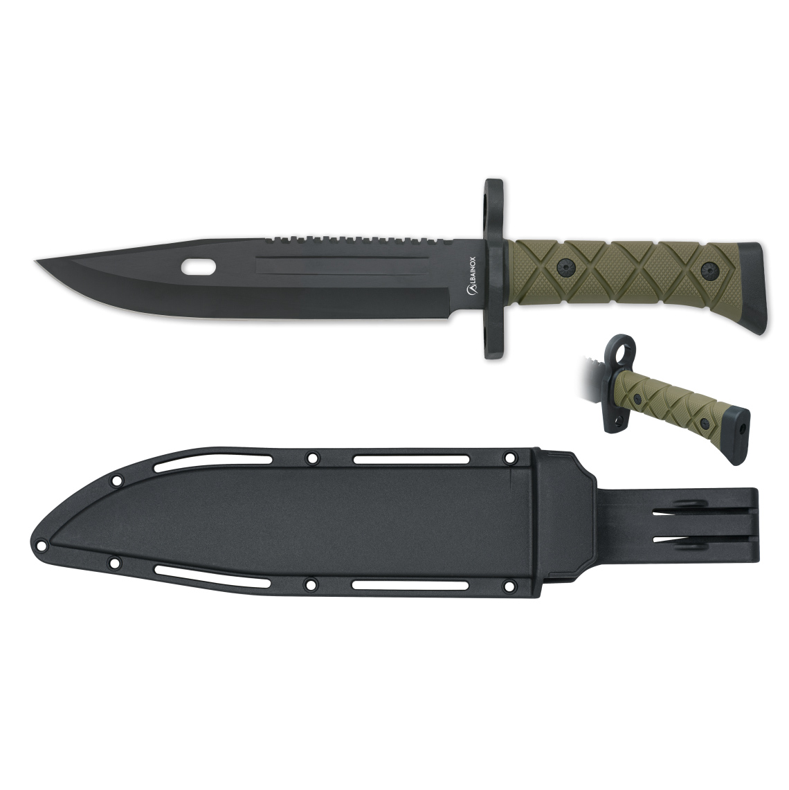 Cuchillo táctico bayoneta con hoja negra de 21 cm y mango de doble inyección verde y negro