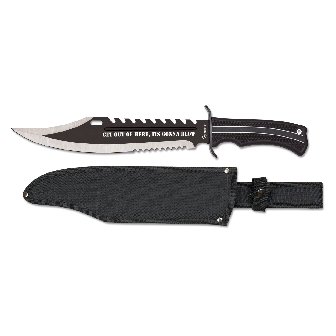 Cuchillo táctico con hoja negra de 29 cm y mango de goma negro