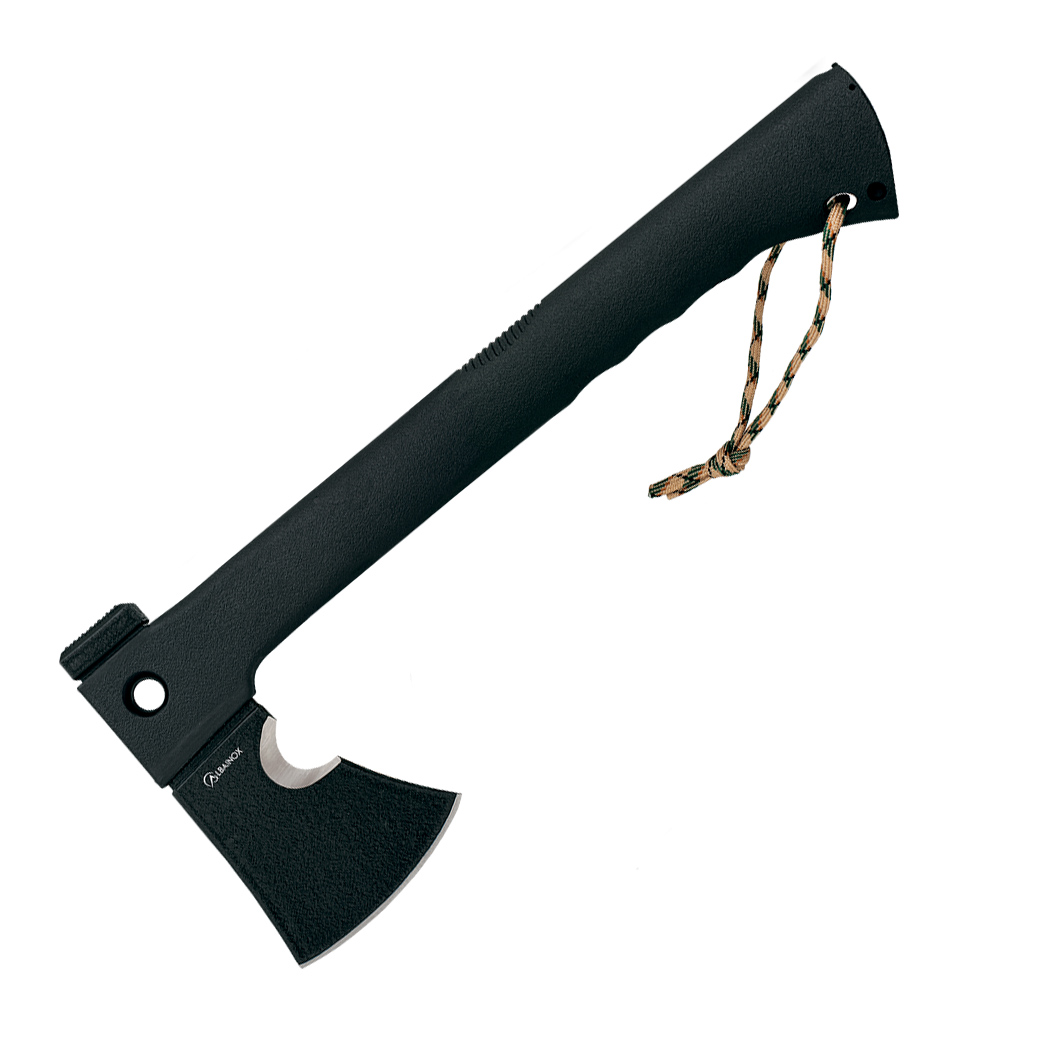 Hacha táctica de hoja negra con skinner y sierra