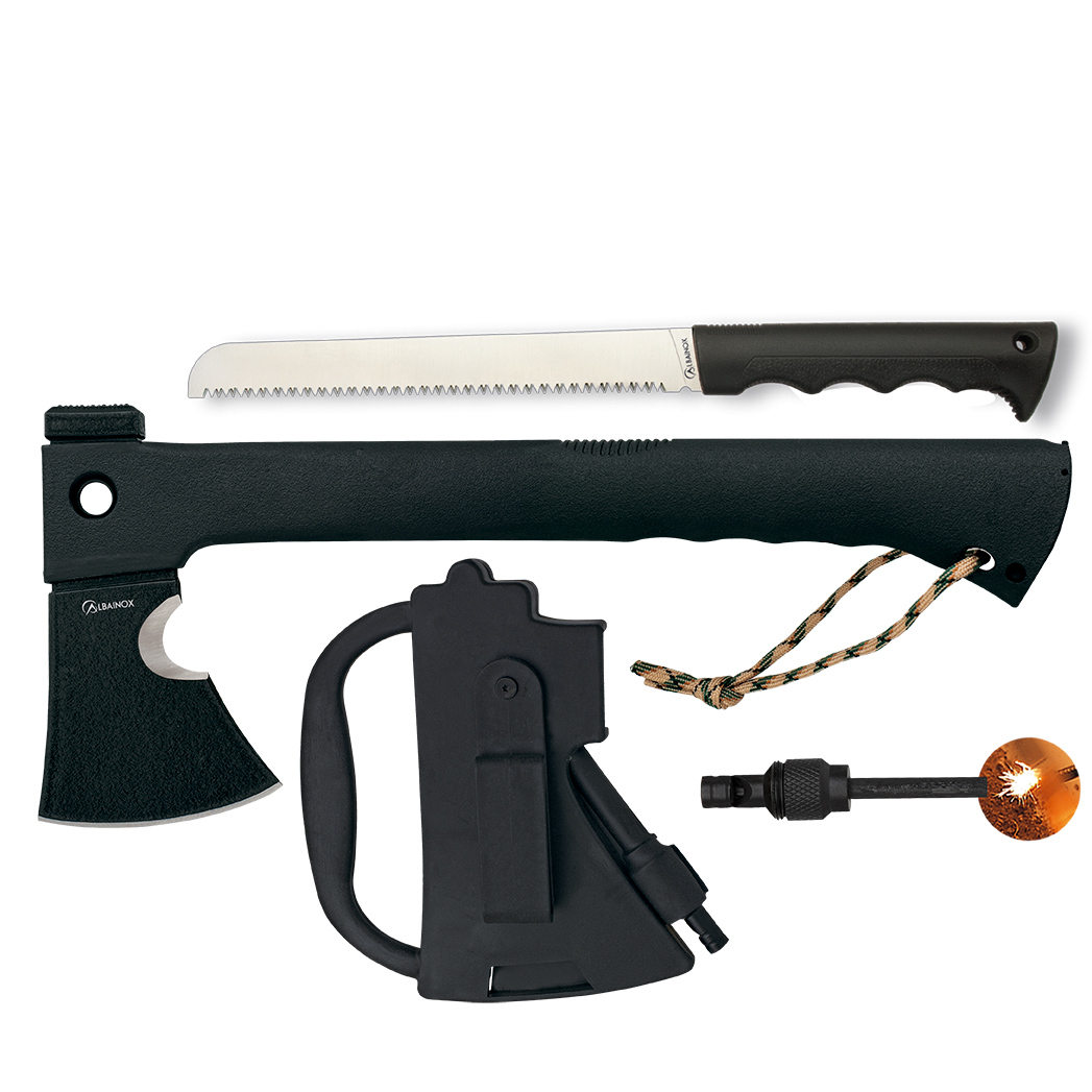 Hacha táctica de hoja negra con skinner y sierra